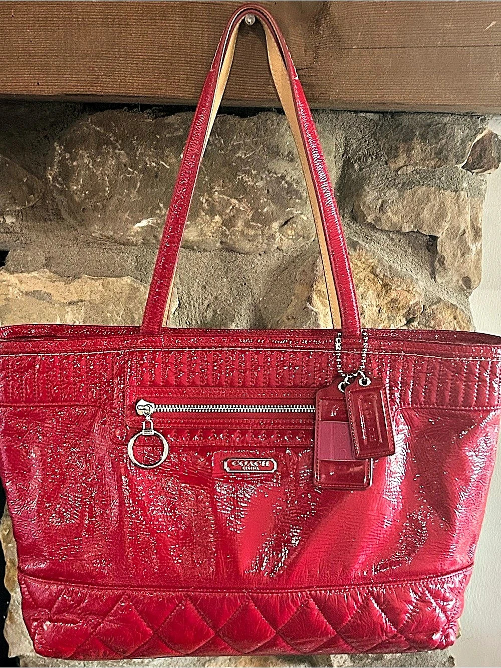 Coach Poppy Daisy Red Liquid Gloss Patent Leather Quilted Bottom Tote Bag